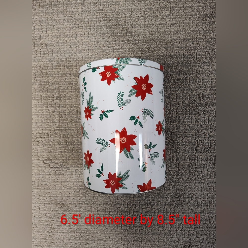 Christmas Tin With Poinsettia Design - 6.5"  Diameter By 8.5" Tall